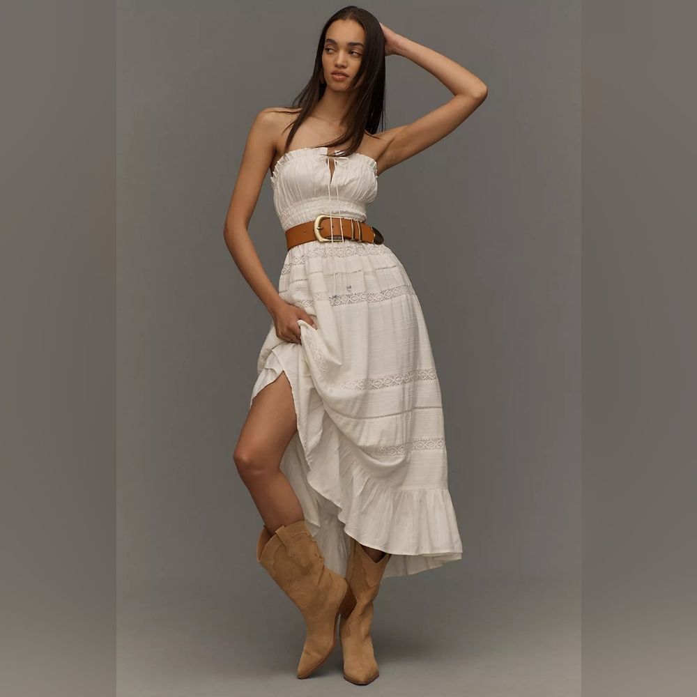 Anthropologie Maeve Strapless Smocked Midi Dress In White Size Medium NWT